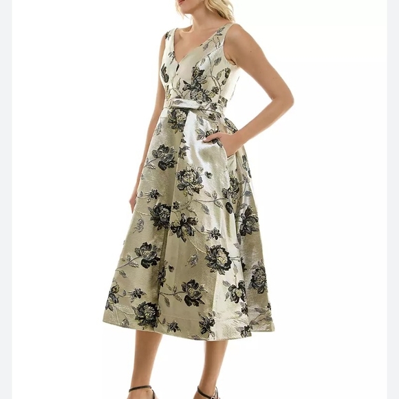 Taylor Ivory and Black Floral Midi Dress with Gold Accents - Picture 2 of 6